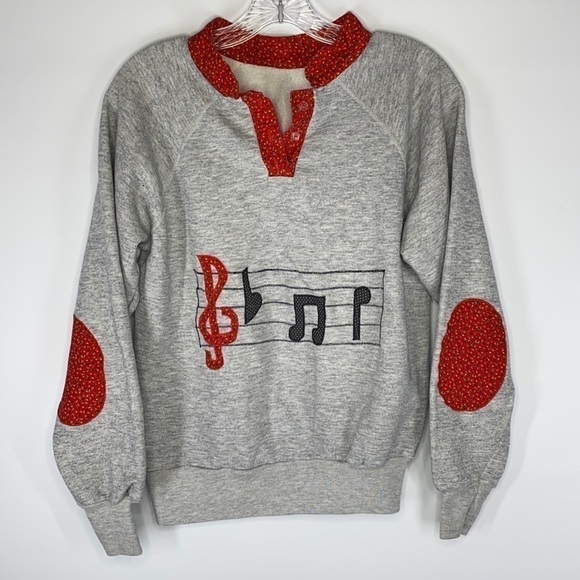 Vintage Musical Music Note Gray Elbow Patch Sweatshirt - Picture 1 of 6